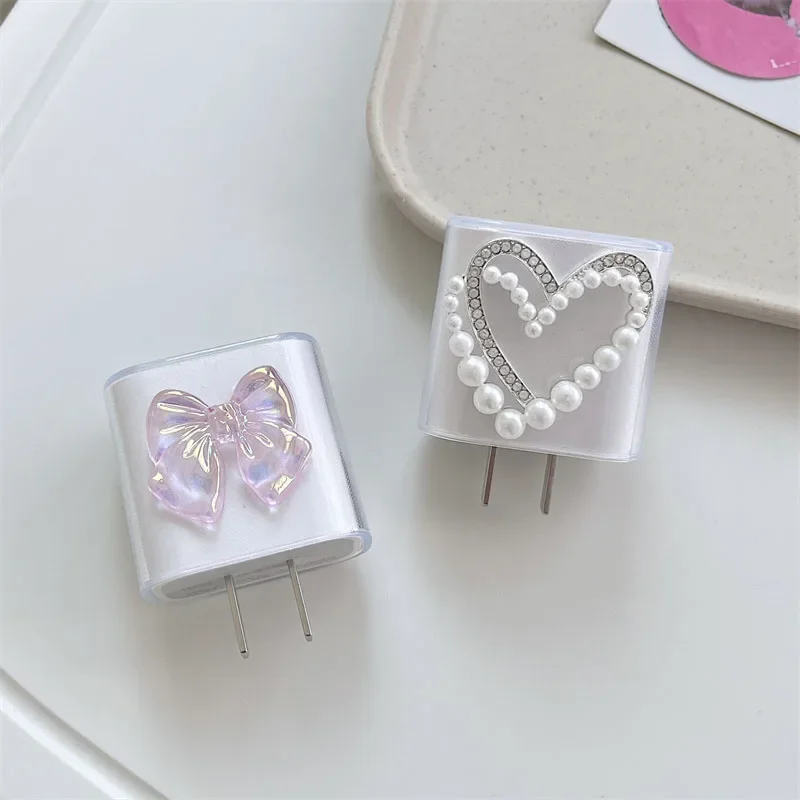 3D Pearl Diamond Love Heart Charger Cover For IPhone 15 13 14 18 20W Bow Transparent Charge Protection Cover Charger Sleeve