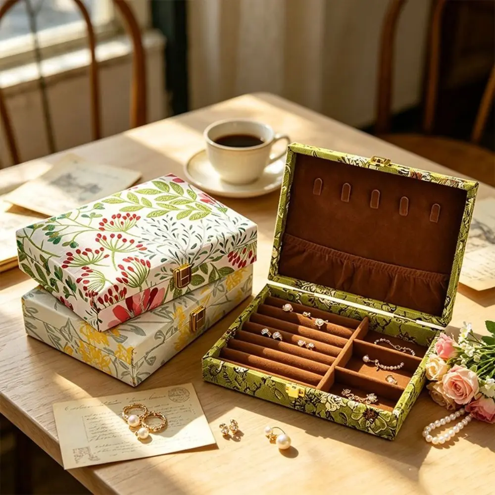 Retro Wooden Jewelry Box Embroidered Floral Vintage Jewelry Case Luxury Large Capacity Multi Compartment Jewelry Holder Bracelet