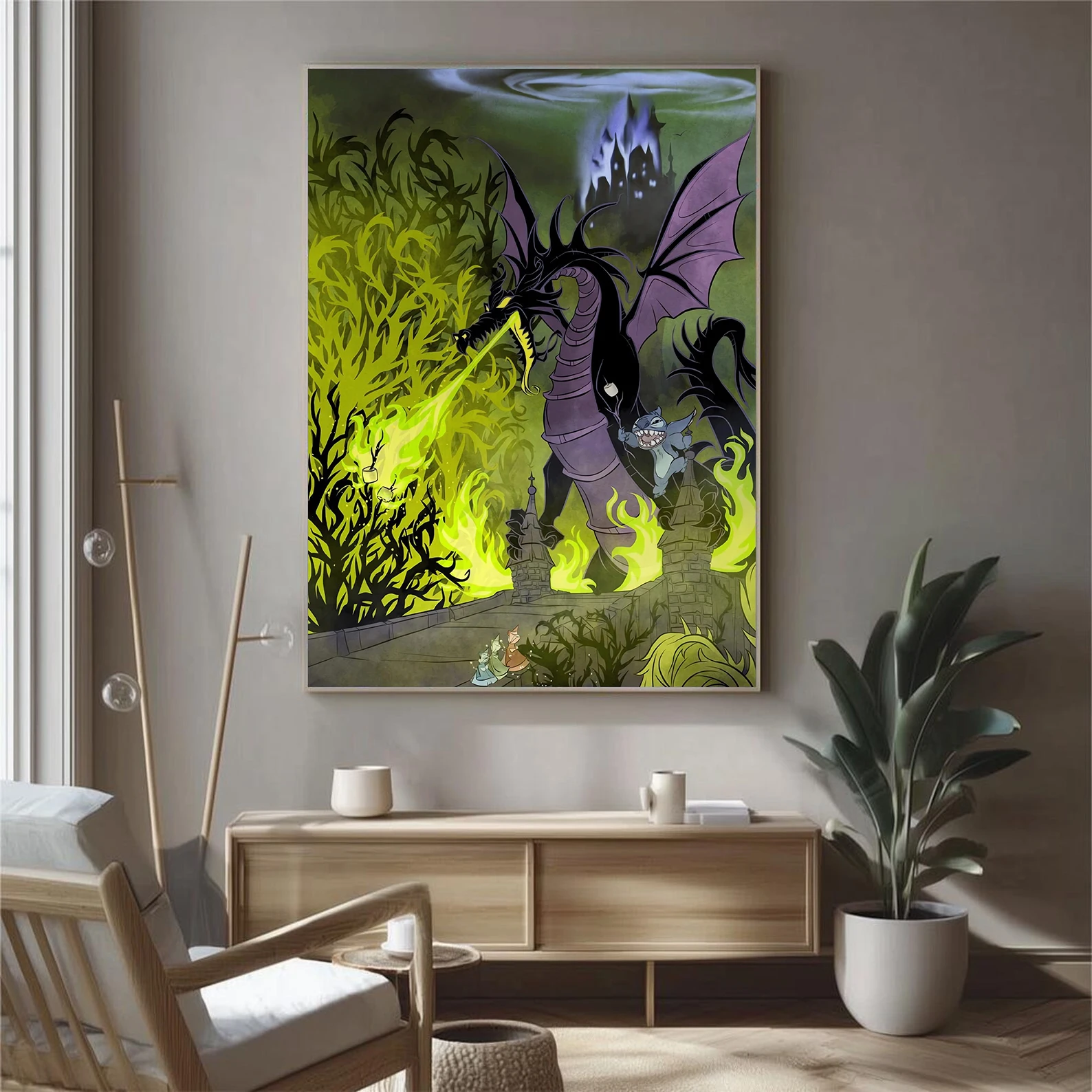 ملصق قماشي متقاطع من Sleeping Beauty and Lilo & Stitch، طباعة فنية تتميز بالغرز والتنين، هدية فنية لمحبي ديزني، ديكور منزلي #3