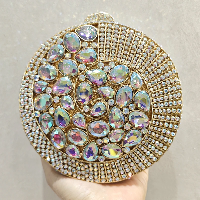 Round Evening Bag Gold Metal Rhinestone Wedding Bridal Clutches Luxury Lady Silver Party Dinner Minaudiere Formal Clutch Handbag