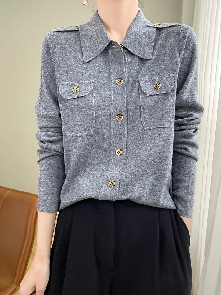 2025 nueva Otoño Invierno lana peinada Spinning camisa de manga larga POLO cuello cárdigan mujer camisa ligera de lujo moda ocio Top