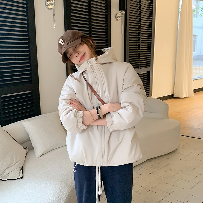 2025 Popular New Autumn Winter Short Cotton Padded Thick Hooded Jacket Women's Black Loose Short Parka Coats Student Outwear Top