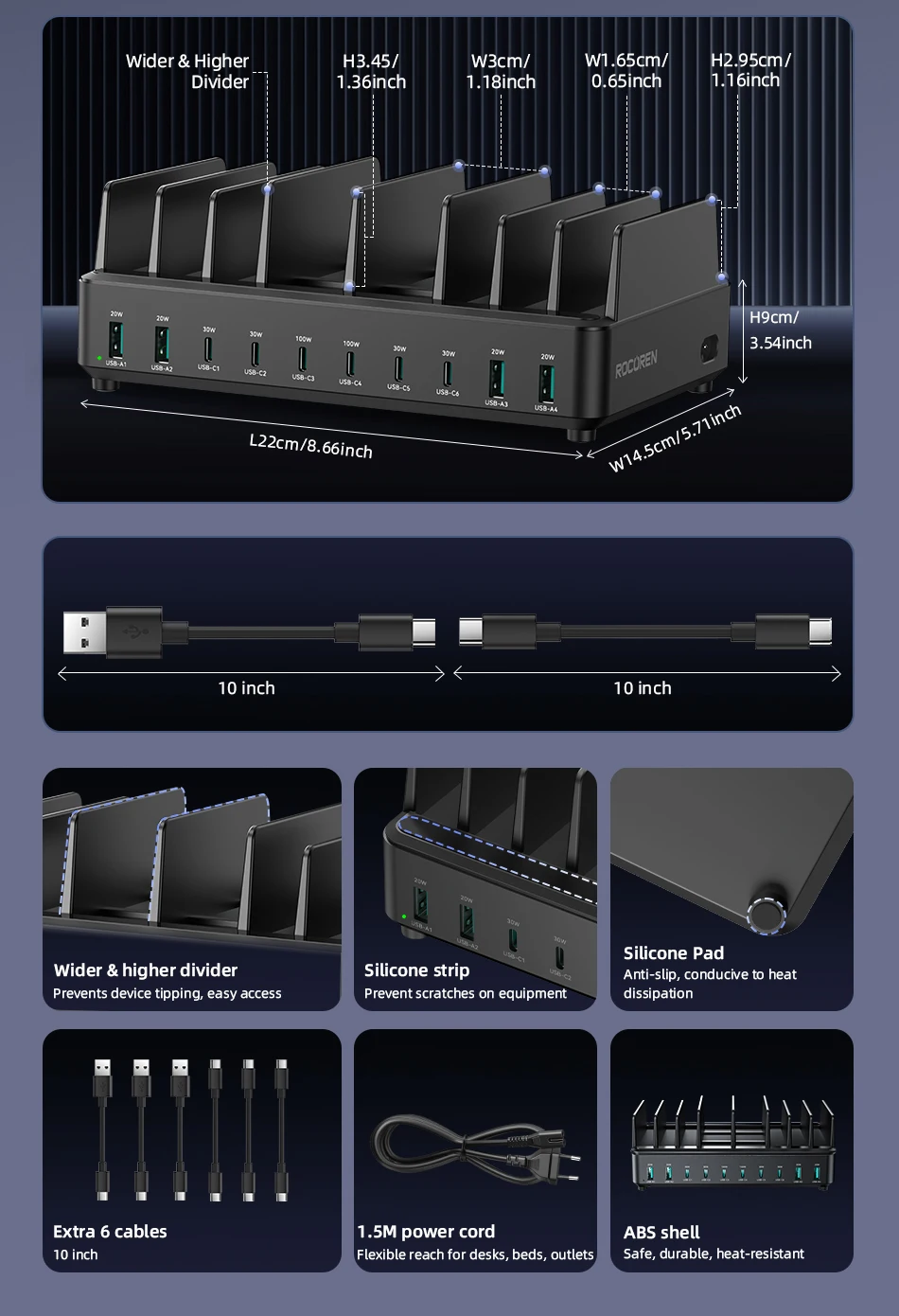 Rocoren 400W GaN-Ladegerät 6-Port Desktop-Schnellladegerät USB Typ C Ladegerät Tragbare Powerstation für iPhone 17 Pro Max Xiaomi 14 – Detail 7