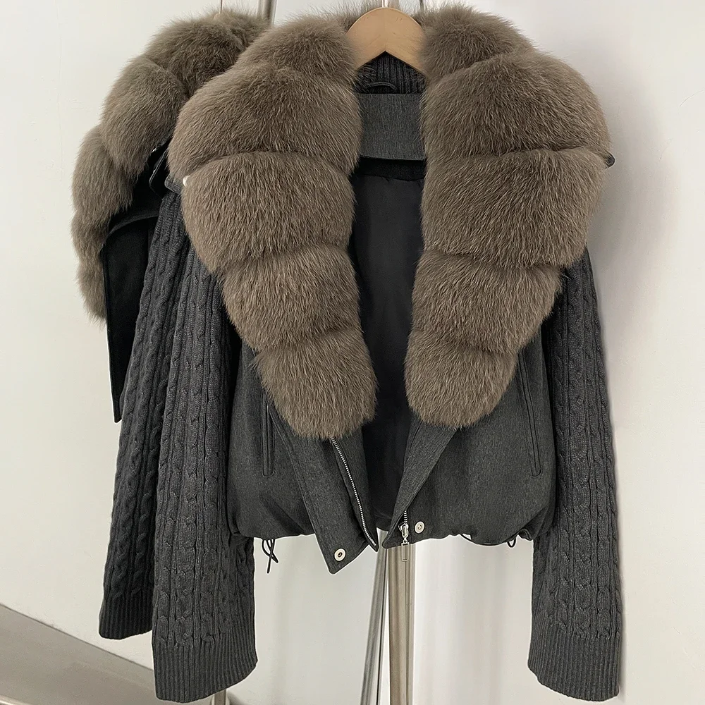 OFTBUY Damen-Pufferjacke mit abnehmbaren Strickärmeln, leichte Daunenjacke mit echtem Fuchspelzkragen, neue Winterkleidung für Damen – Detail 9
