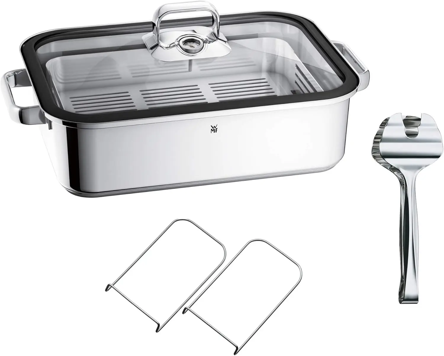 Vitalis Aroma Steamer, Roasting Dish Induction, 41 x 27 x 10 cm, Casserole Dish 6.5 L, Serving Tongs, Glass Lid Silicone Rim