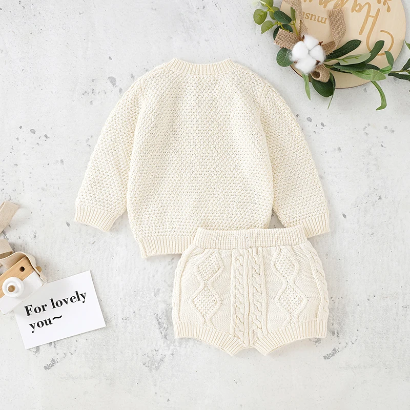 Cotton Baby Clothes Set Knit Infant Boys Girls Sweater Long Sleeve +Pants Spring Autumn Newborn Cardigan +Shorts 0-18M 2pcs Warm