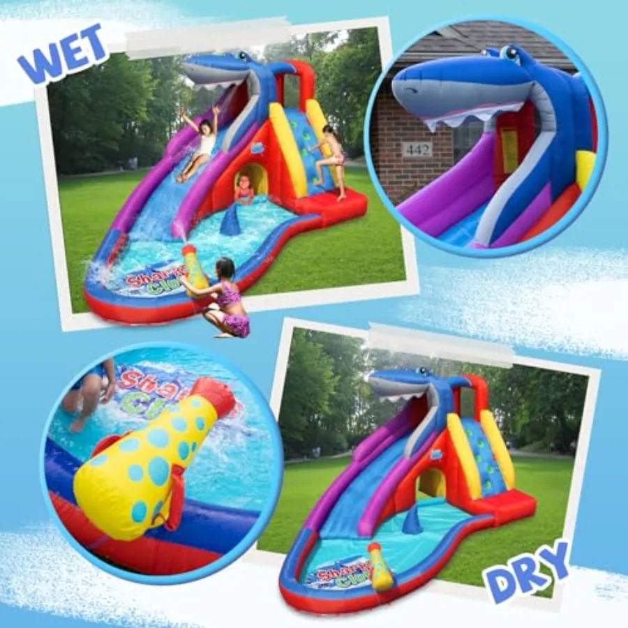 Opblaasbare waterglijbaan, Red Shark Bounce House met glijbaan voor nat en droog, speelplaatsensets voor kinderen in de achtertuin, waternevel, water