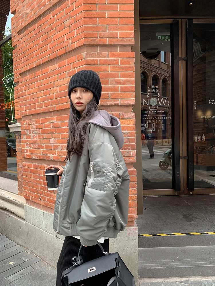 Hooded Baseball Jacket for Women, Fashionable Cotton Clip, Thickened Loose Pilot Jacket, Casual Jacket for Autumn and Winter, Ne