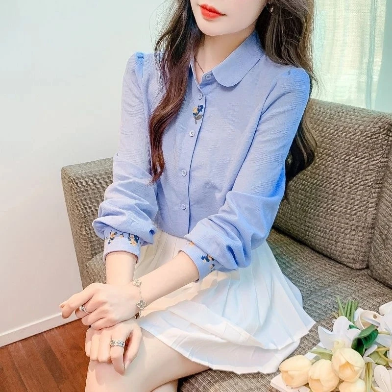 

Весенне-осенний новый женский топ из чистого хлопка с вышивкой irt Faionable Long Sve Ele, универсальный хлопковый топ для женщин