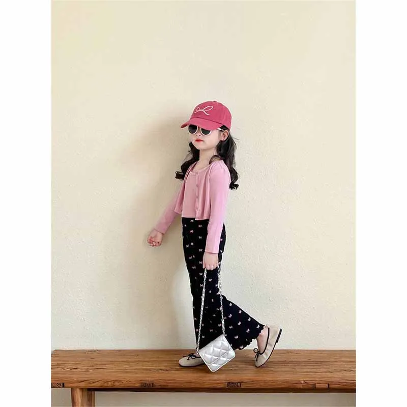 Girls Spring Sets Children\'s Undershirt Suit Baby Round Neck Tops Bow Tie Pants 3Pcs Autumn New Cute Casual Sportswear 2-8Y