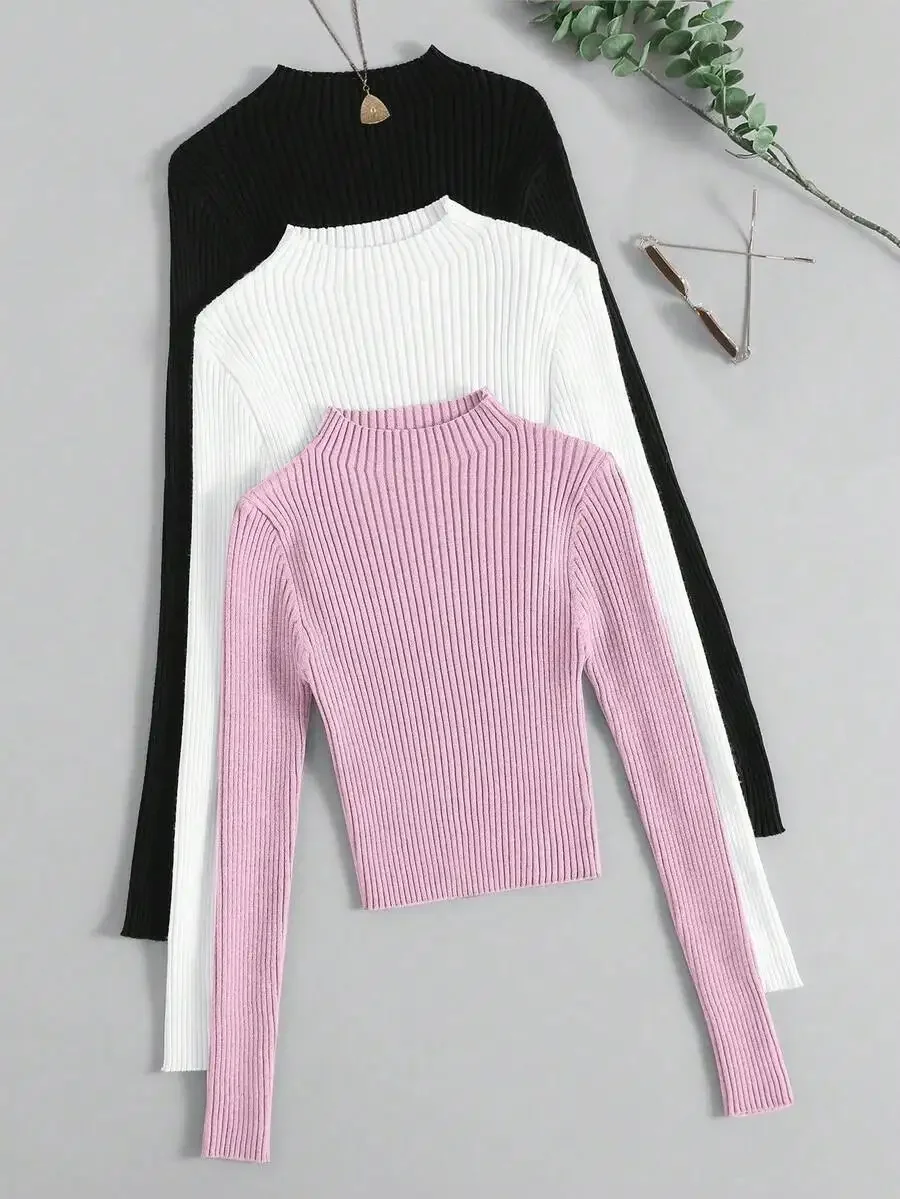 

3pcs Mock Neck Ribbed Knit Sweater Long Sleeve Pullover Fall Winter Tops