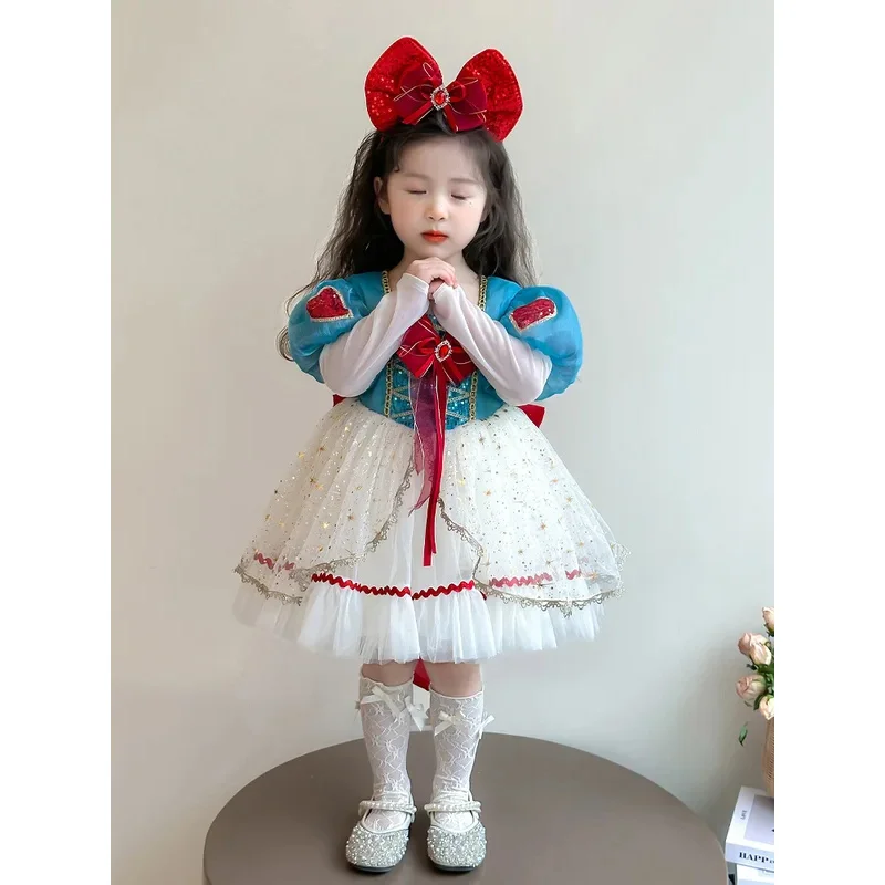 Vestido de niña Lolita 2025, primavera y otoño, nuevo vestido de malla Blancanieves para niños, ropa de fiesta de cumpleaños para bebé, vestido de flores para niña