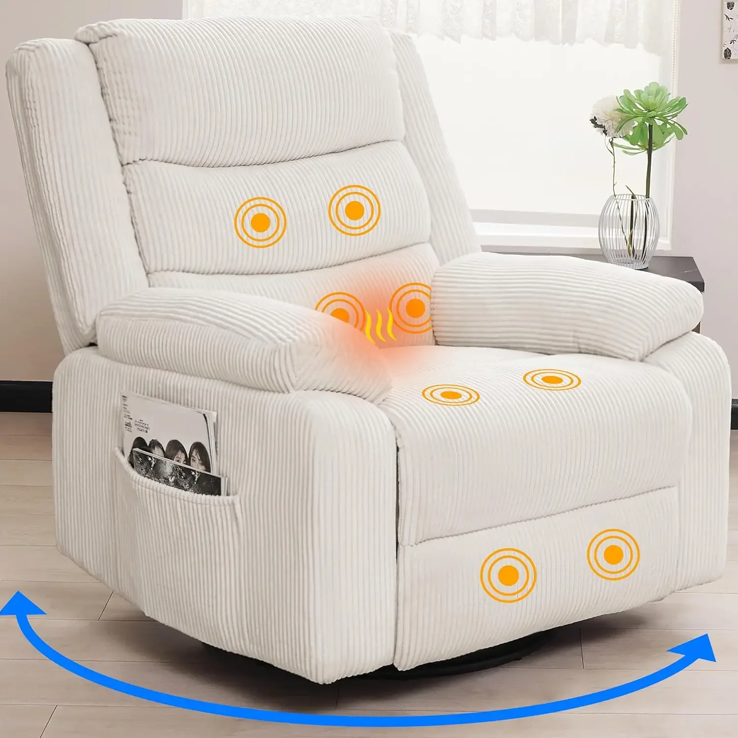 Swivel Rocker Recliner Chair- Oversized Rocking Glider Chair with Electric Massage Heat & USB Ports,Home Theater, White