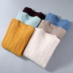 Men's Sweater Pullover Round Neck Long Sleeve Mink Cashmere Sweater Diamond Jacquard Winter Thickened Business Casual Loose Warm
