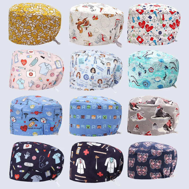 Cartoon Jellyfish Printed Dentist Cap Nursing accessories Pet Clinic Nurse Hats Pharmacy Work Skullcap Cotton Surgical Cap K1018