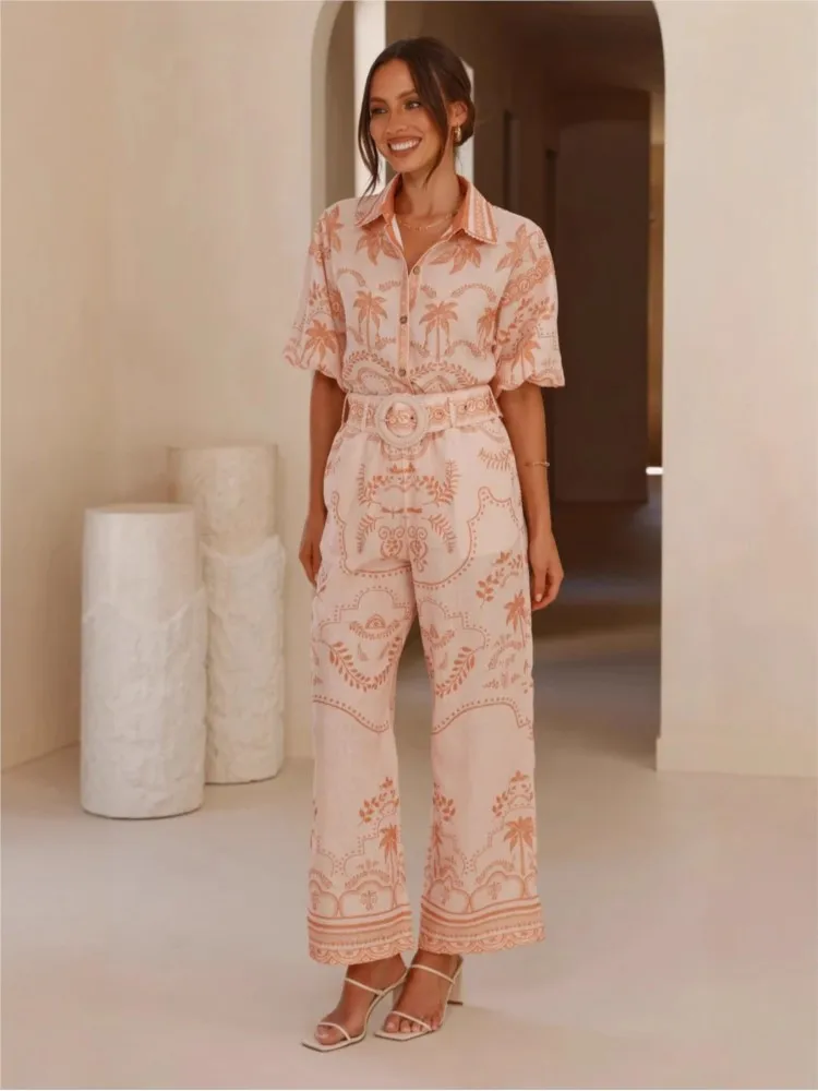 

Spring Summer New Women Set Ladies' Suit Short-Sleeved Shirt Long Trousers Belt And Printed Design Business Casual Suitable