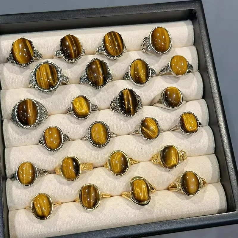 6Styles Vintage Brown Tiger Eye Stone Rings Women's Retro Ring Irregular Round Open Ring Design Sense High End Jewelry Gifts