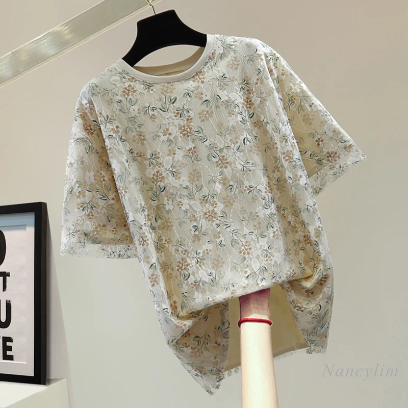 

Summer Korean Style Round Neck Lace Stitching Fake Two Pieces Short Sleeve Women's T-Shirt Floral Print Mid-Length Versatile Top