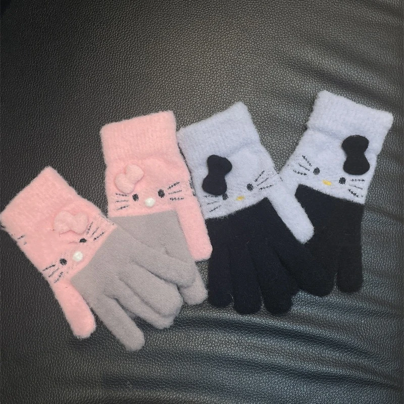 Winter Cartoon Hello Kitty Soft Antifreeze Gloves Kawaii Anime Full Finger Travel Warm Color Blocked Knitted Gloves Holiday Gift