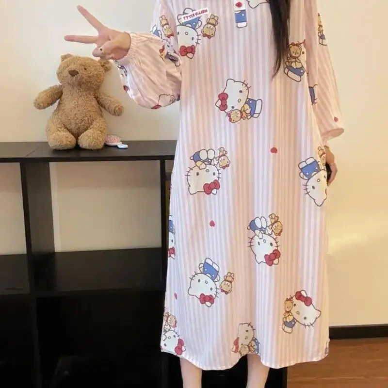 

Sanrio Hello Kitty женская юбка для сна Kawaii мультфильм осень и зима пижамы с длинными рукавами и круглым вырезом домашняя одежда для отдыха новинка