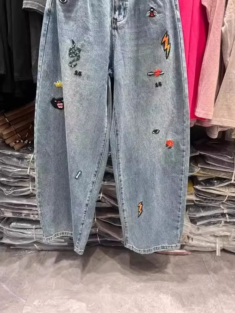 

plus Size 300 Pou Retro Waed Embroidered Denim Pants Loose Wide Leg Jeans for Men Summer Casual High Waist Long Trousers