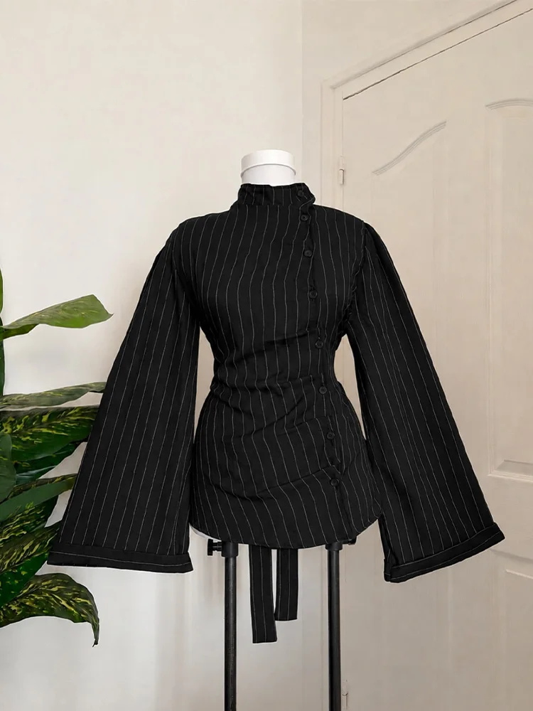 Women Pinstripe Long Sleeve T Shirt Stand Collar Asymmetric Button Ruched Waist Bell Sleeve Slim Fit Y2K Casual Streetwear Top