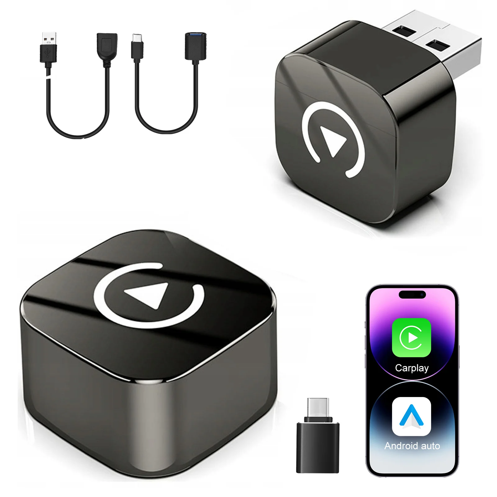 

2025 Mini Wireless Adapter CarPlay, 2-In-1, Wired Wireless AI Decoder, Car USB Port, USB Extension Cable, TypeC Extension