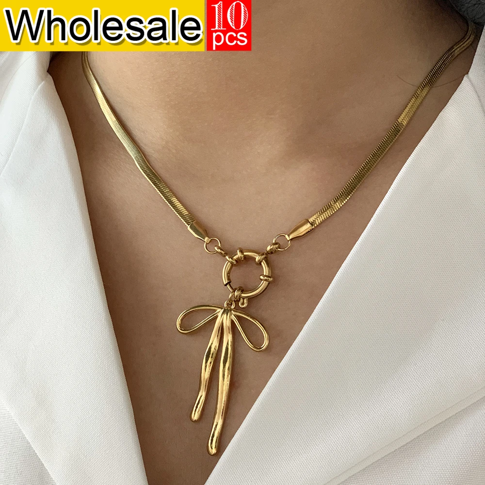 10PCS Stainless Steel Necklace Bow Pendant DIY Accessories OT Flat Snake Chain Luxury chunky jewelry Girlfriend Gifts 2024 New