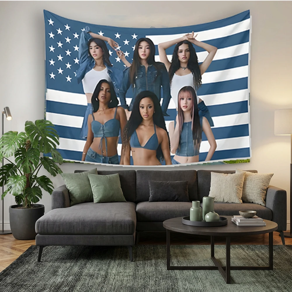 1 Pc Katseye Kpop Concert Banner, Pink American Flag Print With 7 Members, Flat Print Wall Decor For Fan Events Bedroom Home
