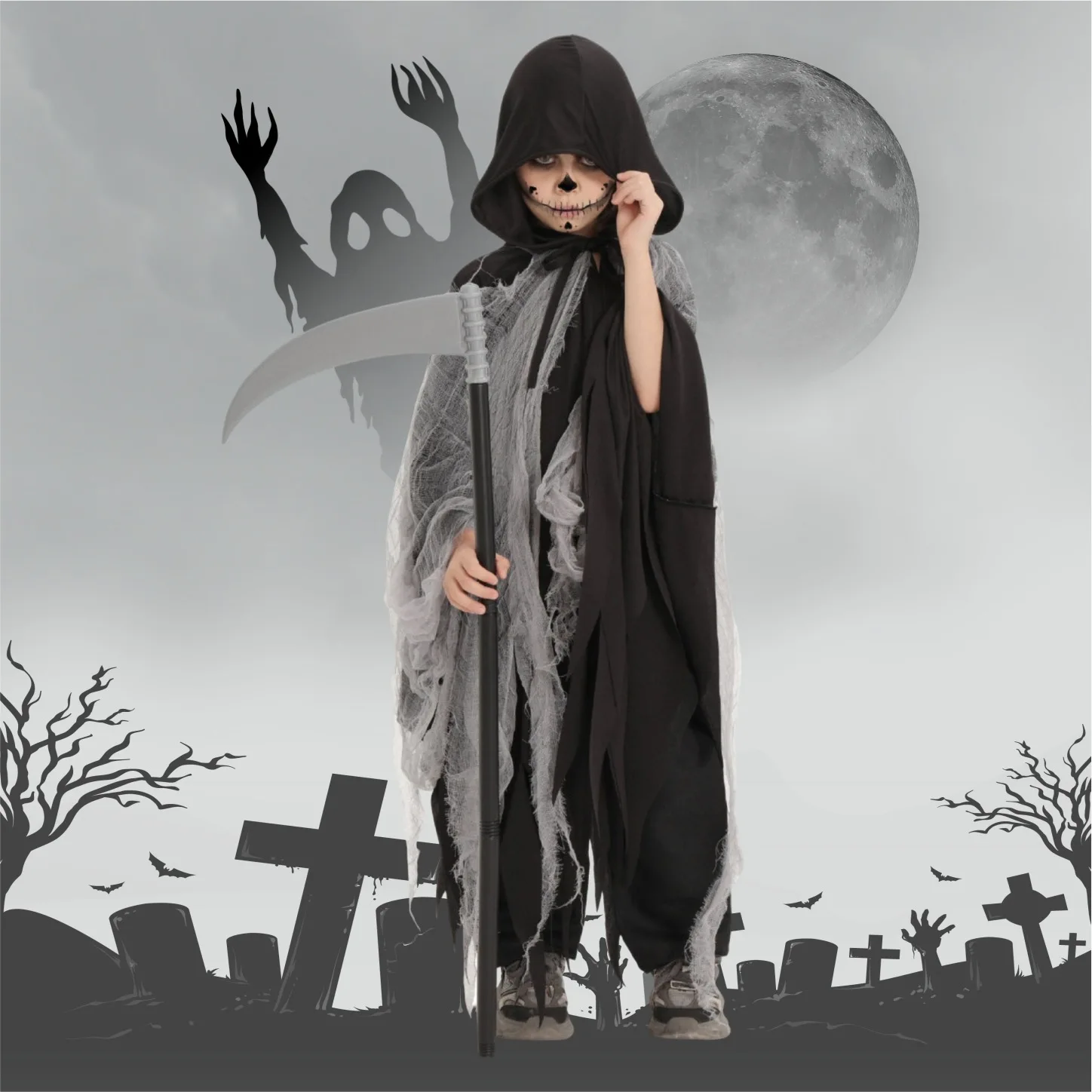 

Halloween Costume Party Children's Horror Fog Ghost Grey Cosplay Devil Stage Performance Costume Children's Performance Costume