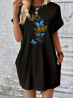 Women's Summer Loose butterfly Print Round Neck Short Sleeve Pocket Comfortable Casual Plus Size Dress