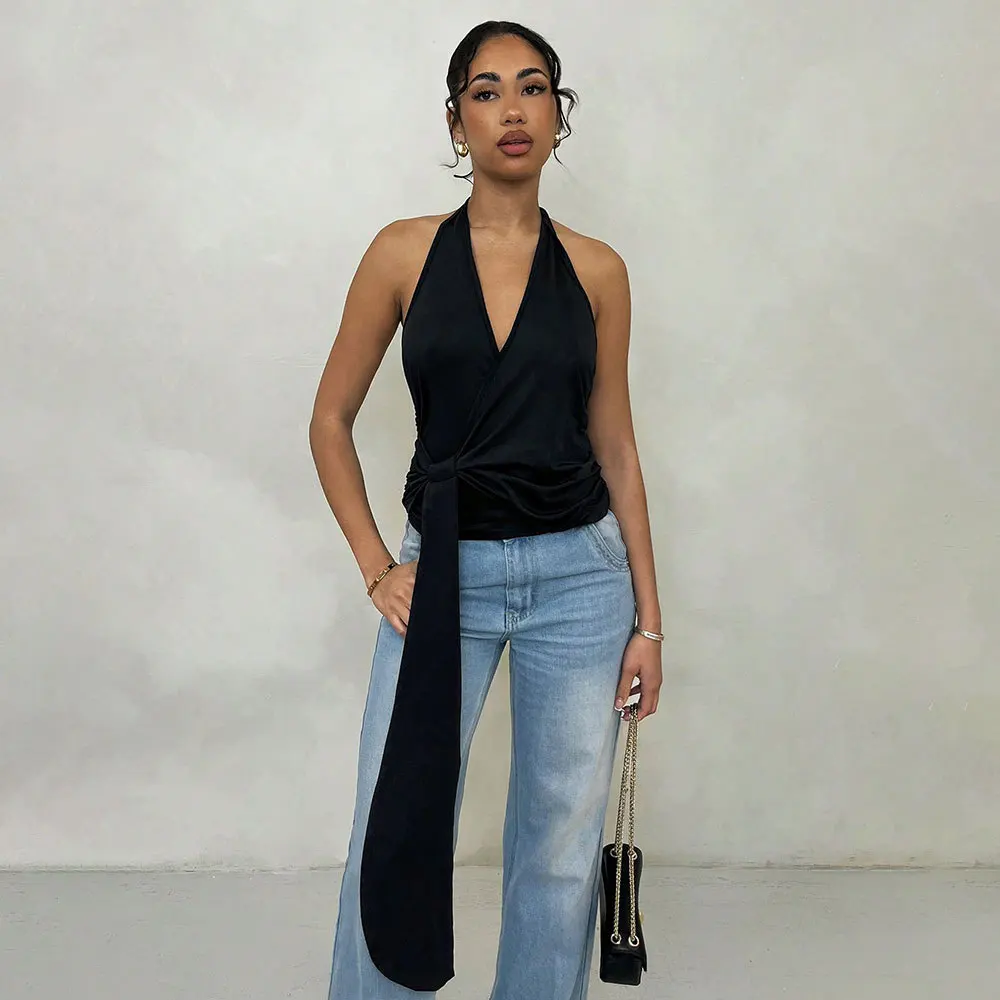 

Женский топ Ele Bal с глубоким V-образным вырезом, летняя модная трикотажная футболка из полиэстера с обнаженным дизайном из необления