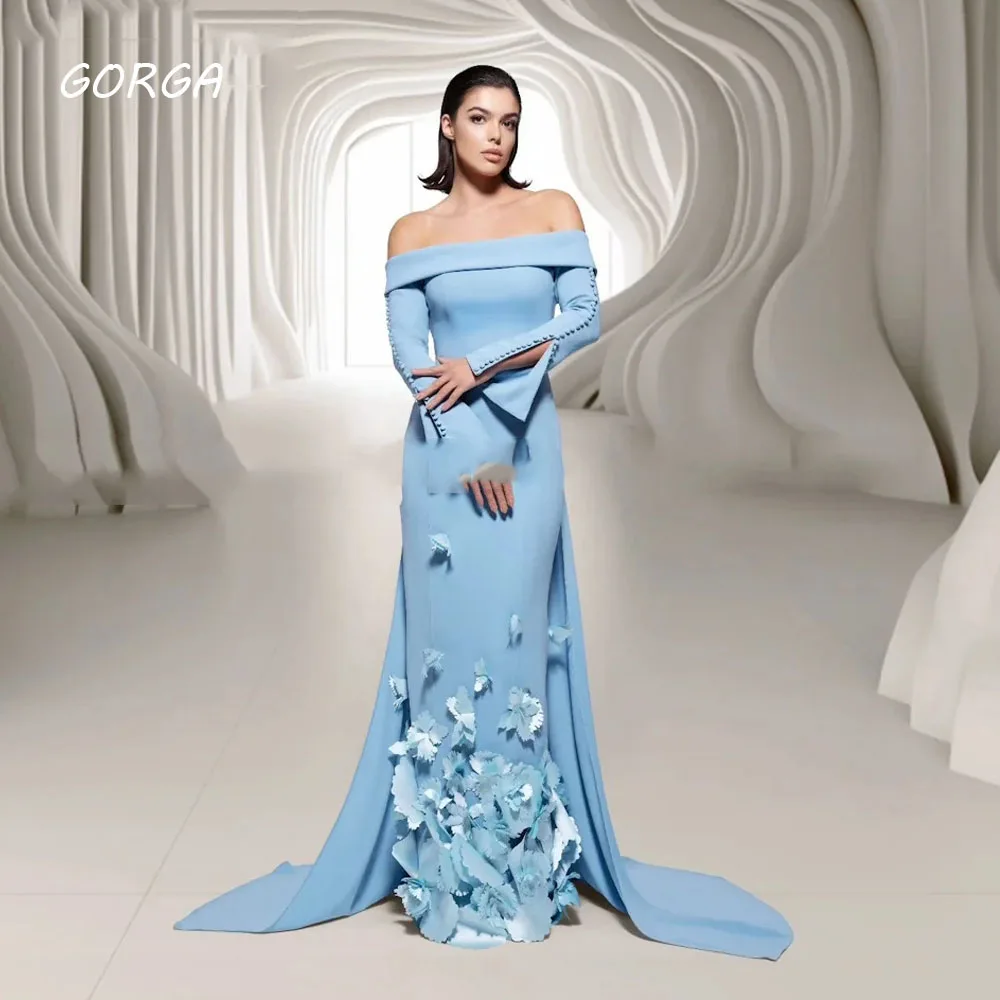 GORGA Boat Neck Appliques Evening Dresses Saudi Arabia Crepe Long Sleeve Mermaid Formal Occasion Dress Floor-Length Party Gown