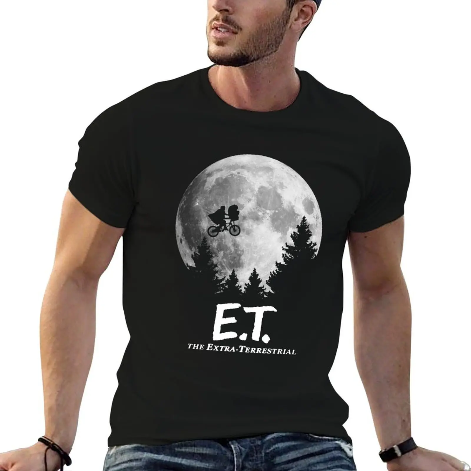 

ET Flying Bike Scene Blue Silhouette Gift T-Shirt man t shirt summer t shirts for man cotton soft T-Shirt