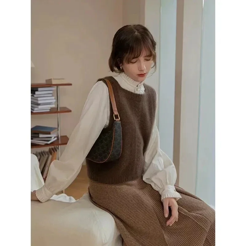 MEXZT Vintage Knitted Vests Women Sleeveless Sweater Harajuku Square Neck Waistcoat Streetwear Korean Knitwear Tank Pullover New