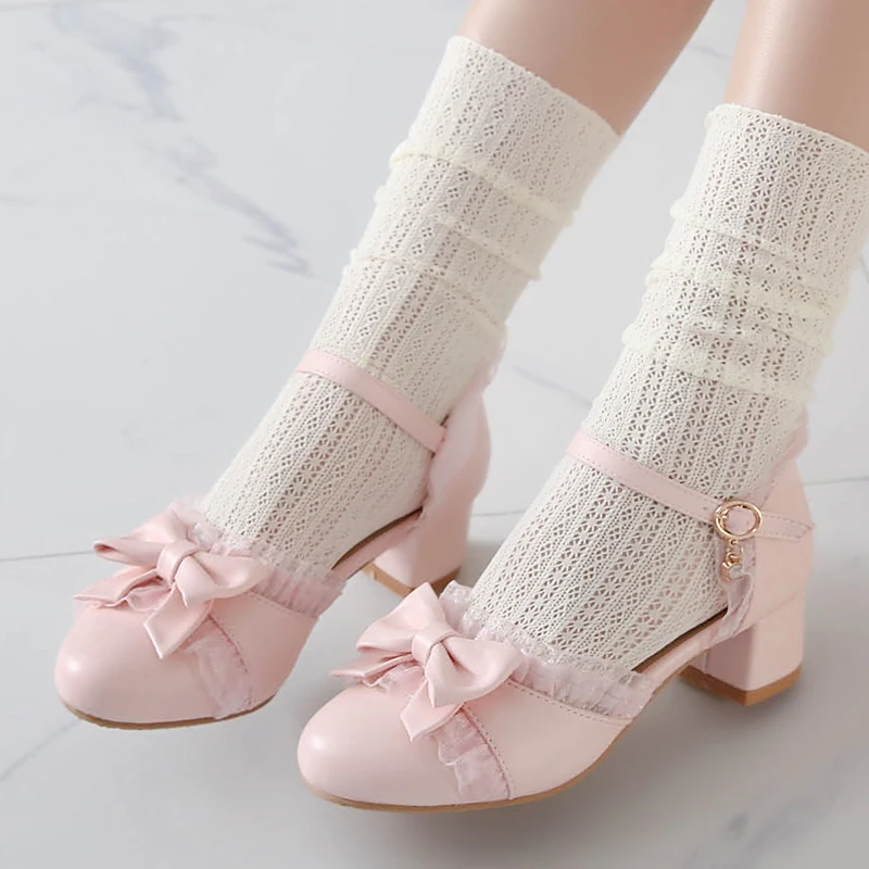 2025 Spring Women High Heels Mary Jane Pumps Party Wedding White Pink Sweet Laces Ruffle Bow Princess Cosplay Lolita Shoes 33-43