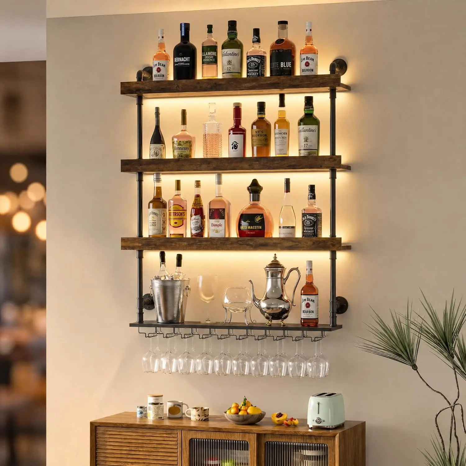 Wall-Mounted 4-Tier Wine Rack Featuring Lights, 23.6-Inch Width
