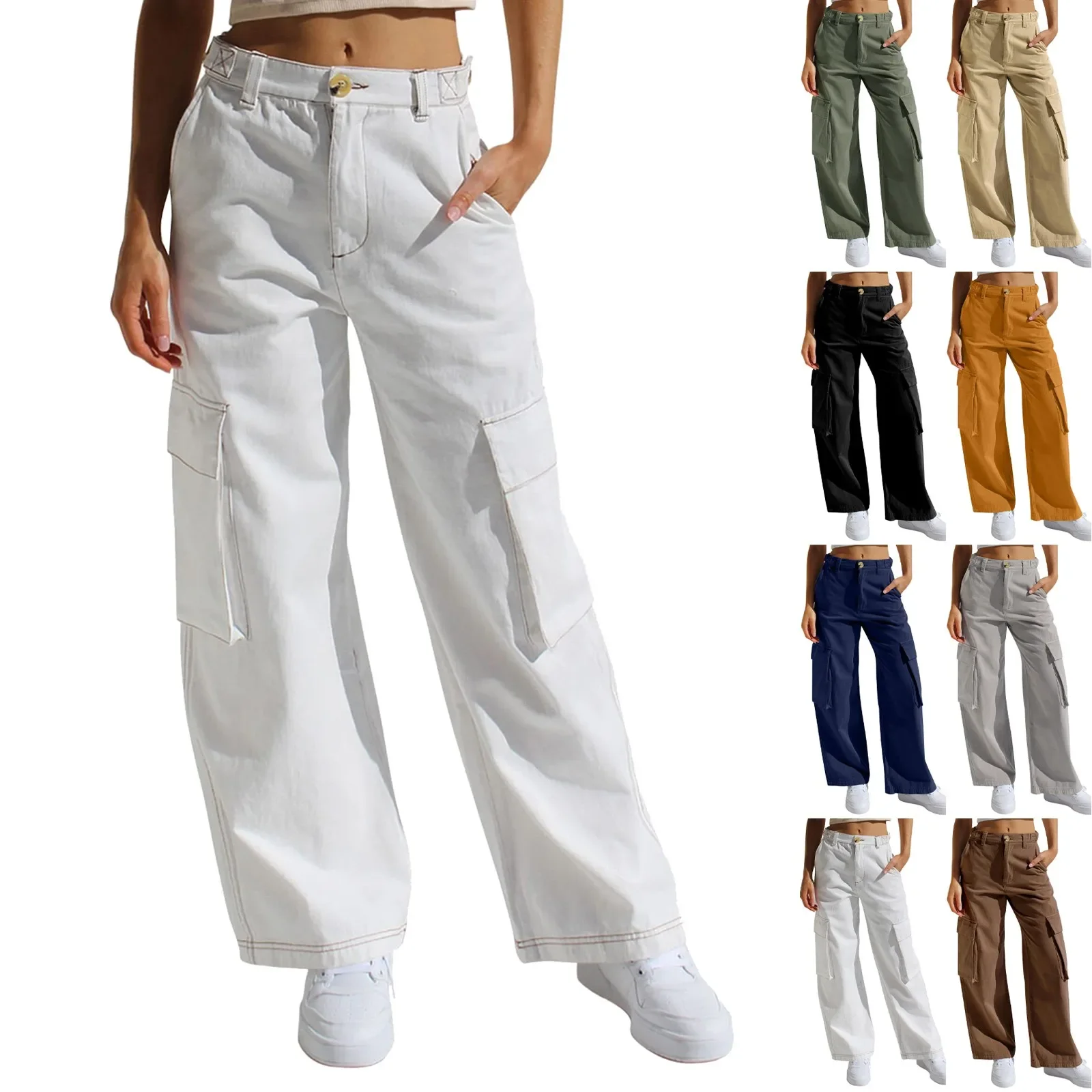 Women's Plain High Waist Cargo Pants, Street Fashion Casual Pocket Button Trousers for Daily Wear, Ladies Bottoms for All Season