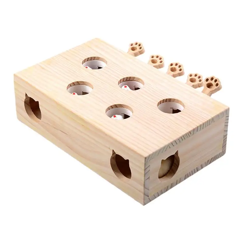 Cat Toys Interactive Wooden Cat Whack Mole Box Toy Cat Scratcher Interactive Game for Bored Indoor Cats Games Catch Mice Game