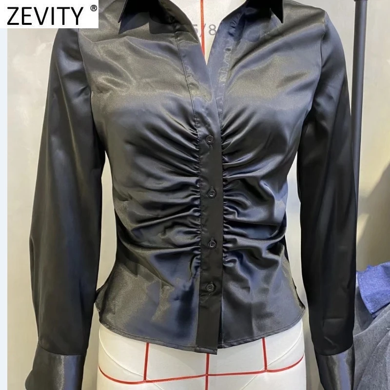 Zevity Women Elegant Pleated Design Black Satin Slim Blouse Office Ladies Single Breasted Shirts Chic Chemise Blusas Tops LS9724