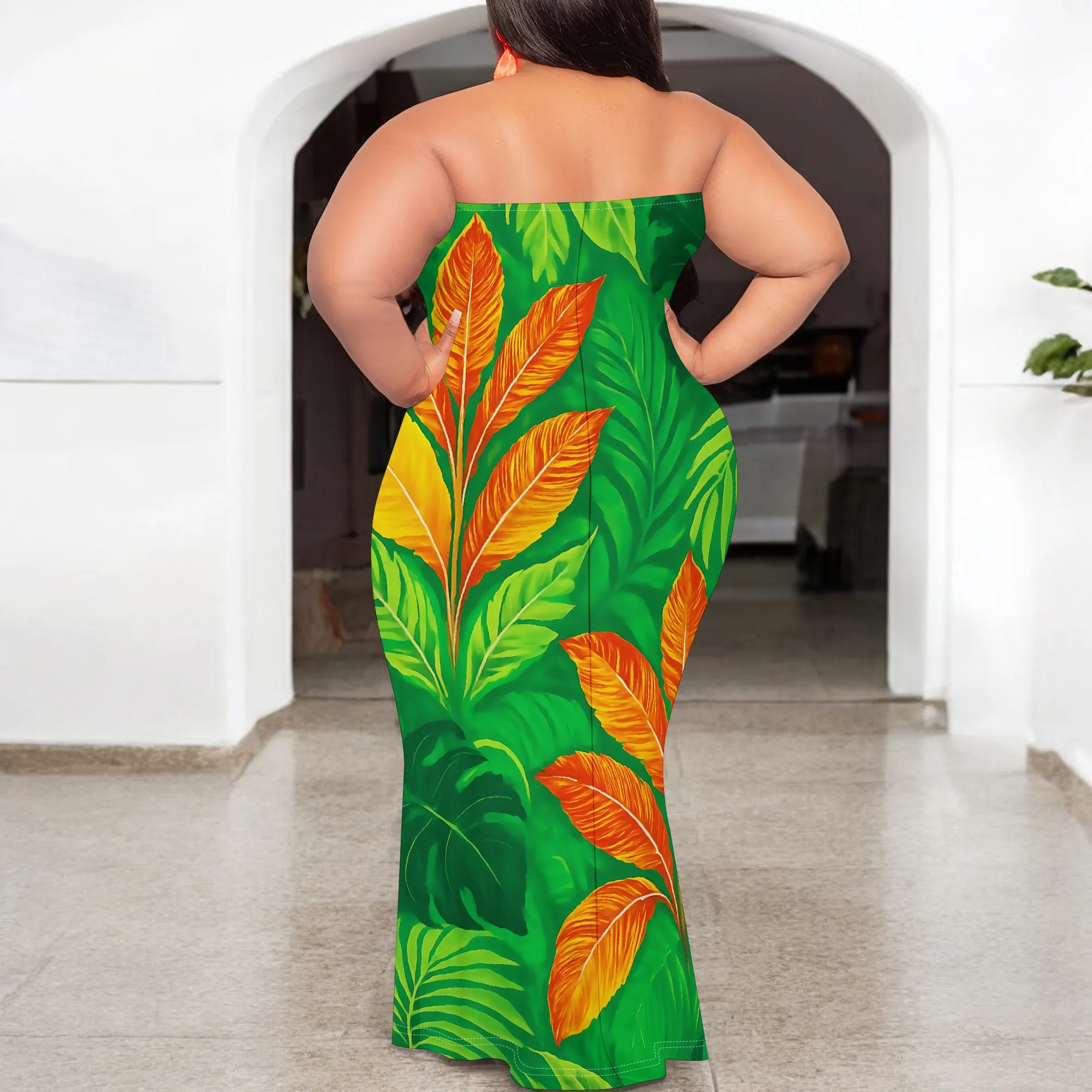 Tropical Leaf Strapless Maxi Dress XL-6XL Bodycon Fit Style for Beach Vacation, Island Getaway or Summer Party Look