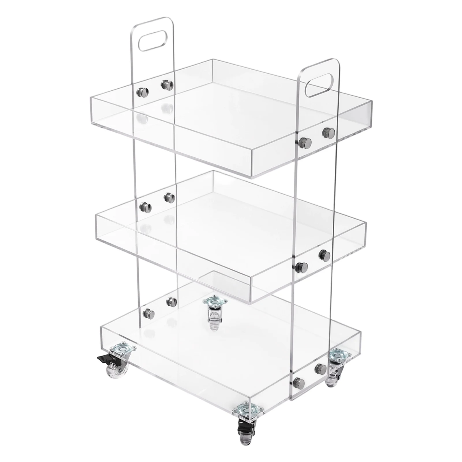 3-Tier Acrylic Rolling Cart, Clear Utility Trolley with 4 Wheels & 2 Handles, 11 lbs Load Each Tier for Kitchen Bathroom Office