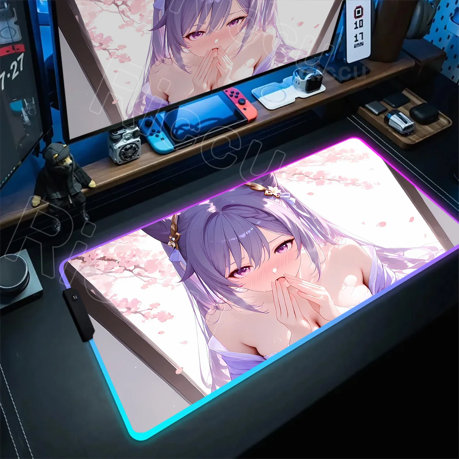 RGB Mousepad Game Genshin Impact Pretty Keqing Mouse Pad Anime Girls Desk Mat with Pad Gaming Accessories Prime XXL Keyboard Pad