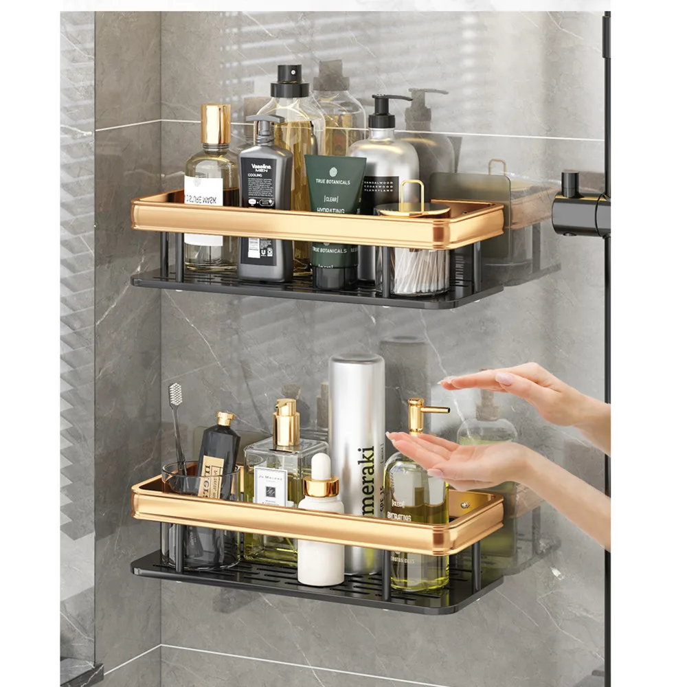 

Bathroom Accessory Storage Rack Light Luxurious Metal Aluminum Kitchen Toilet Wall Mounted Suction No Hole Draining Water Shelf