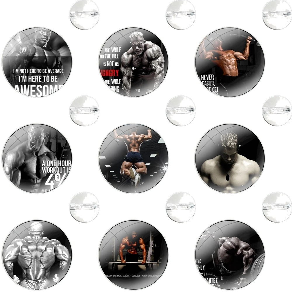 Bodybuilding Gym Fitness muscles Glass Dome Brooches Shirt Lapel Bag Cute Badge Pins For Clothes Hat Accessories