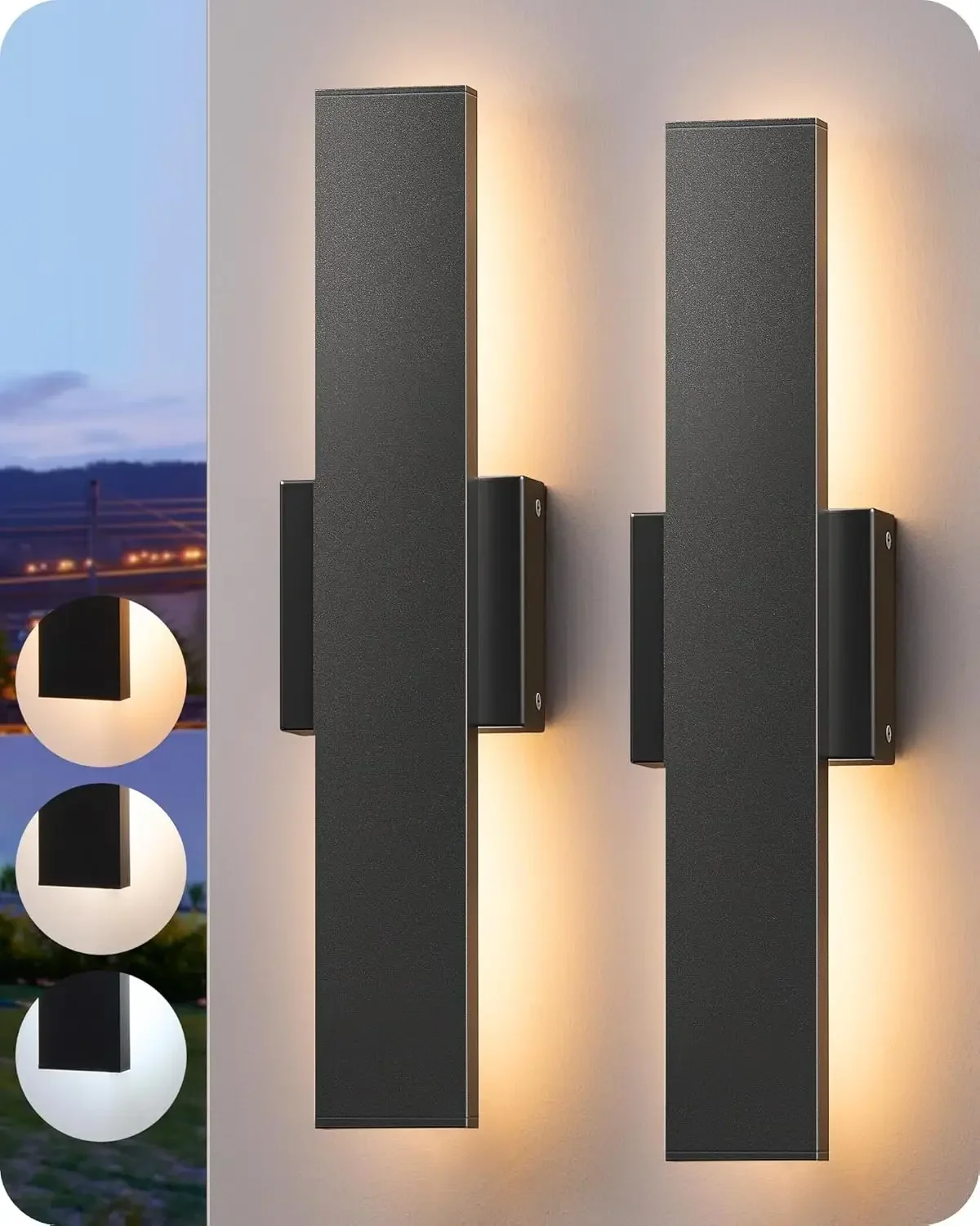 

2 Pack LED Outdoor Wall Lights Dimmable, 3000K 4000K 5000K, 15.7" Modern Black Outdoor Wall Sconce, IP65 Waterproof, Li