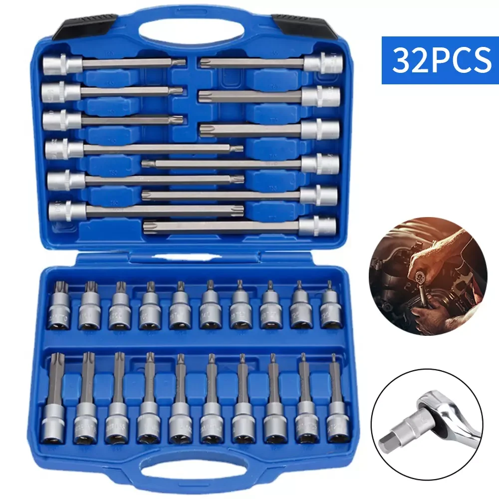 32pc Socket Wrench Set interior Torx nuts Bits Car tool set 1/2 inch Tool Nut screw Auto Repair Tool Female Drill Bit Wrench Set