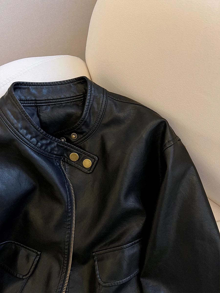 

Biker Jackets Womens Jacket Double Breasted Leather Checkered Ribbed Sleeved Long Military Daily Workwear Elegant Skin-Friendly