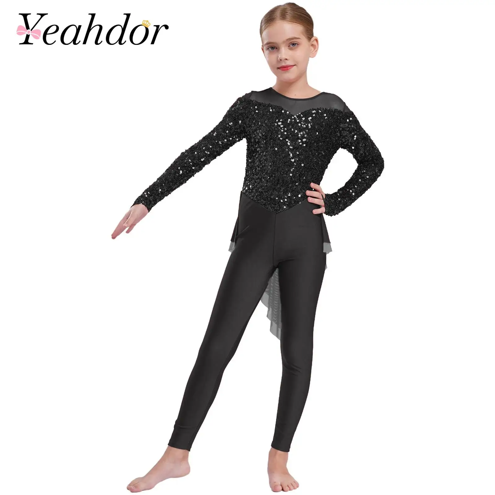 

Children's Figure Skating Jumpsuit Girls Shiny Ballet Dance Skirted Bodysuit Kids Rhythmic Gymnastics Leotard Sequins Costume
