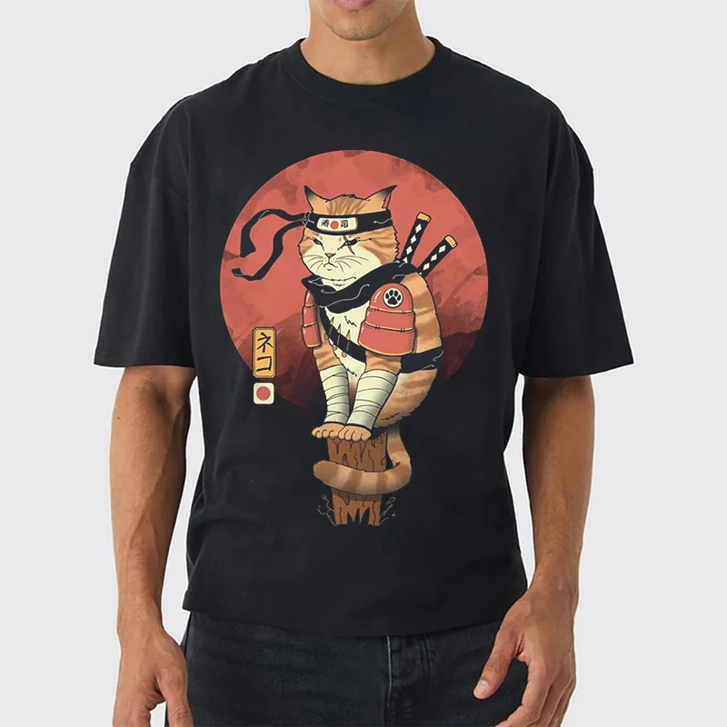 PEERAGE 250gsm 100% Cotton Heavyweight Ninja Cats Design Boxy Fit Corpped T-shirt